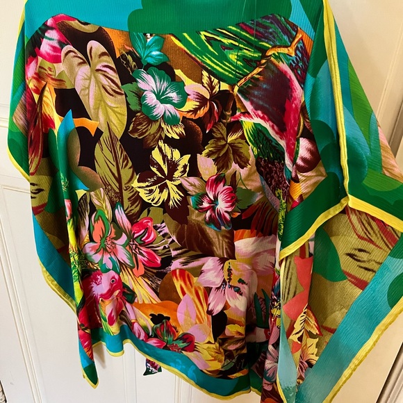 100% silk CACHE TOP KAFTAN PONCHO BLOUSE tropical floral design - Picture 8 of 10